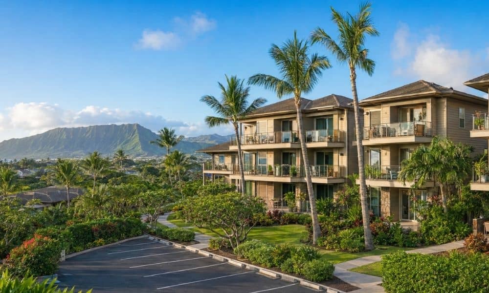 Hawaii condominium complex with private lanais, marked parking stalls, walkways, and shared landscaped common areas