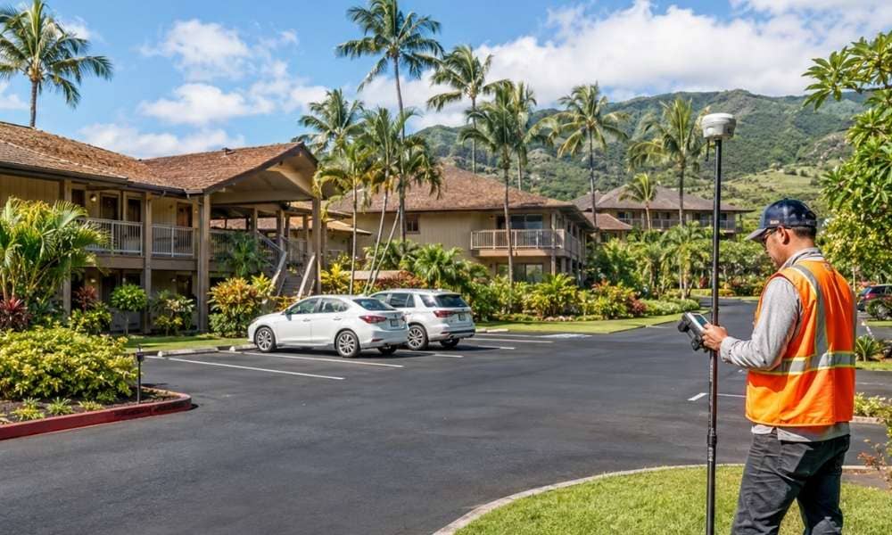 A surveyor completes an ALTA survey at a Hawaii resort property during a refinance