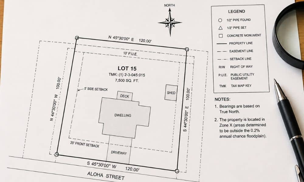 Detailed plat of survey with property boundaries, easements, setbacks, and survey measurements