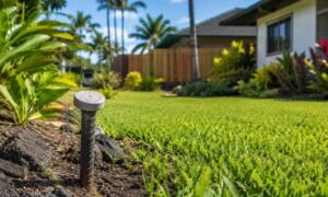 Metal property survey marker marking the boundary of a residential yard