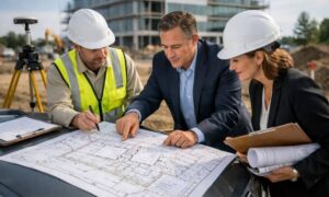 Surveyor, lender, and title professional reviewing an ALTA survey at a commercial property development site