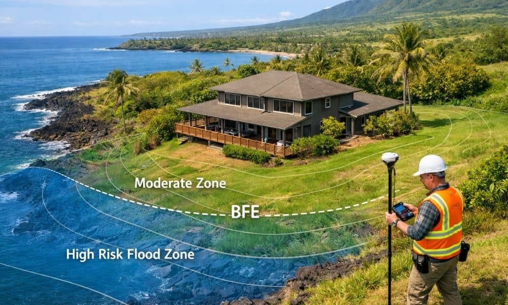 Land surveyor measuring a property's elevation to determine its flood zone status and flood insurance requirements