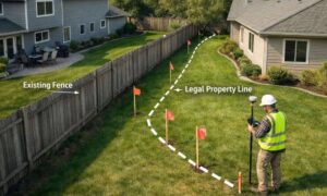 A land survey showing the legal property boundary and an existing fence between neighboring residential properties