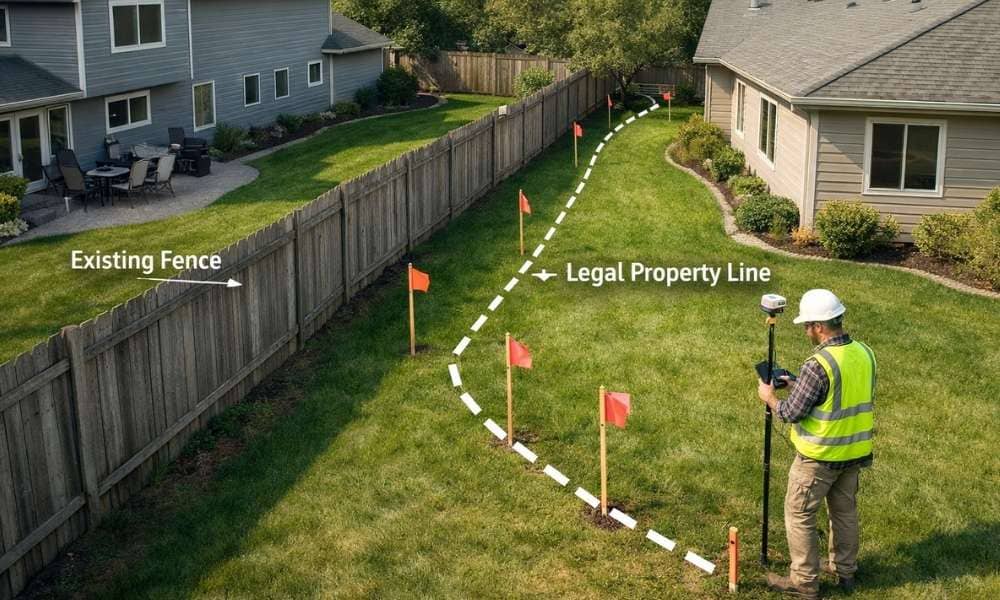 A land survey showing the legal property boundary and an existing fence between neighboring residential properties