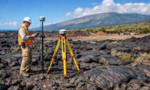 A land surveyor performs a topographic survey on a lava rock lot before construction begins