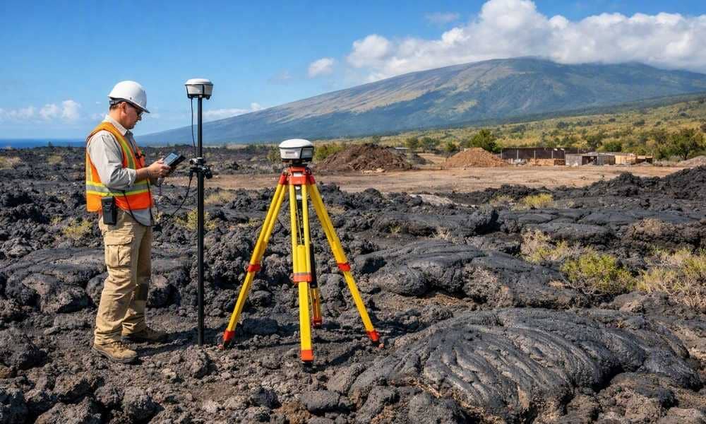 Topographic survey lava rock - ALTA SURVEY Hawaii A land surveyor performs a topographic survey on a lava rock lot before construction begins