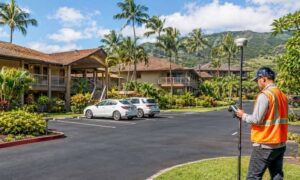 A surveyor completes an ALTA survey at a Hawaii resort property during a refinance