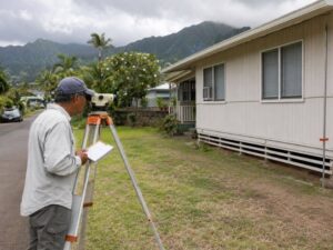 Elevation Certificates field survey at an Oʻahu home after a Hawaii flood map update.