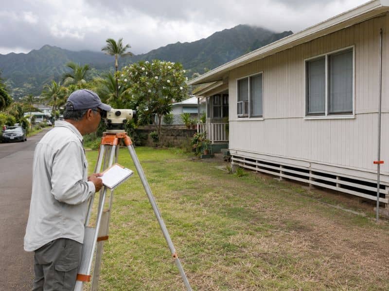 Elevation Certificates field survey at an Oʻahu home after a Hawaii flood map update.